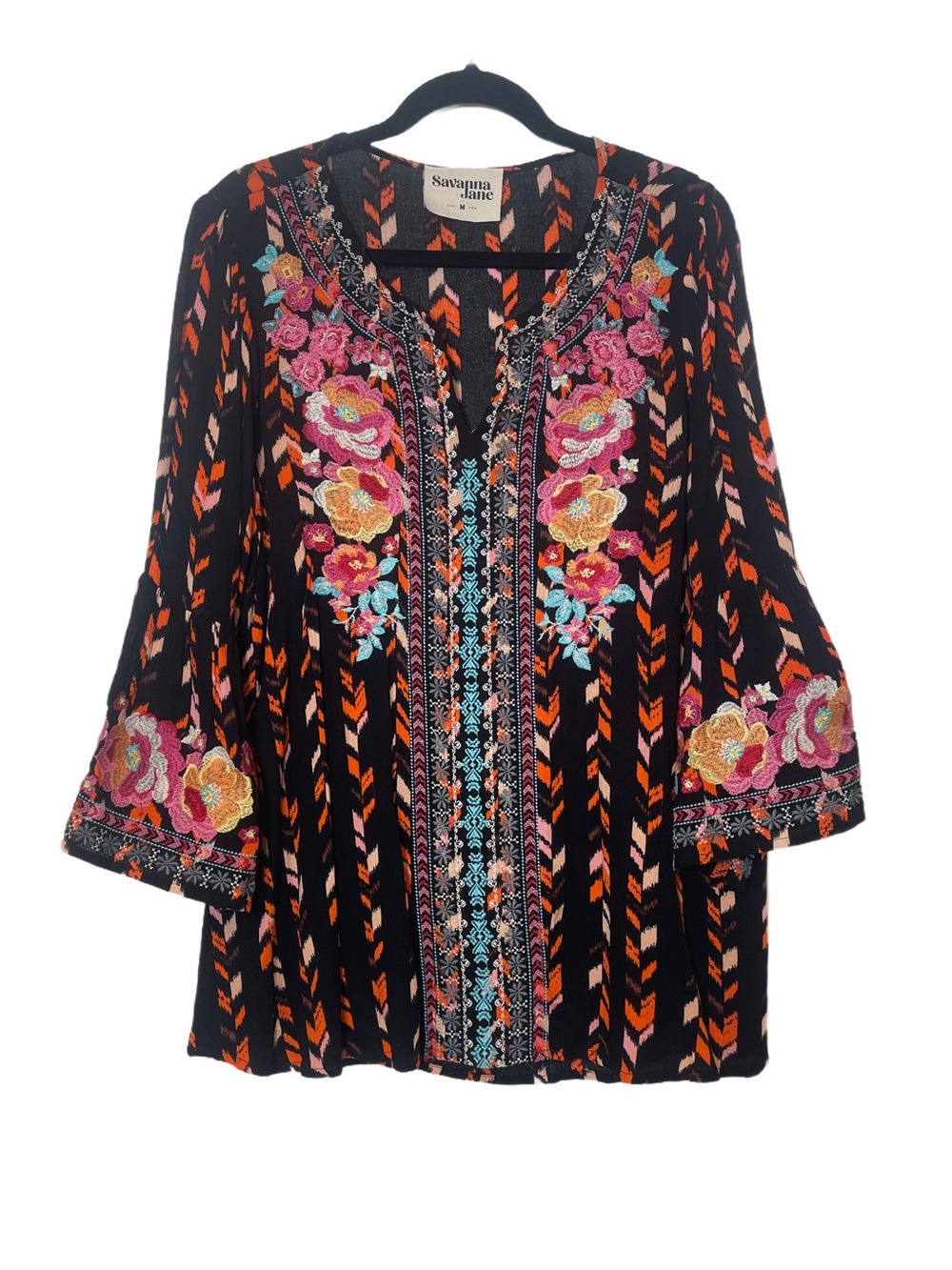 Savanna Jane Sophia Embroidered Boho Tunic Top Black | Size Medium